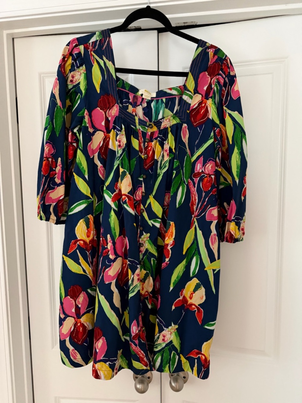 Anthropologie Navy Floral Square-Neck Tunic with Bright Blooms